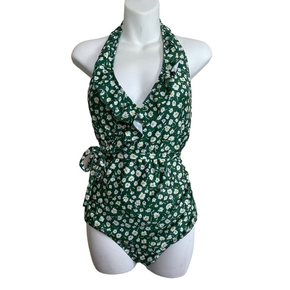 NWOT Modcloth Green One Piece Ditzy Daisies Floral Halter Ruffle Swimsuit Size L - Picture 2 of 11
